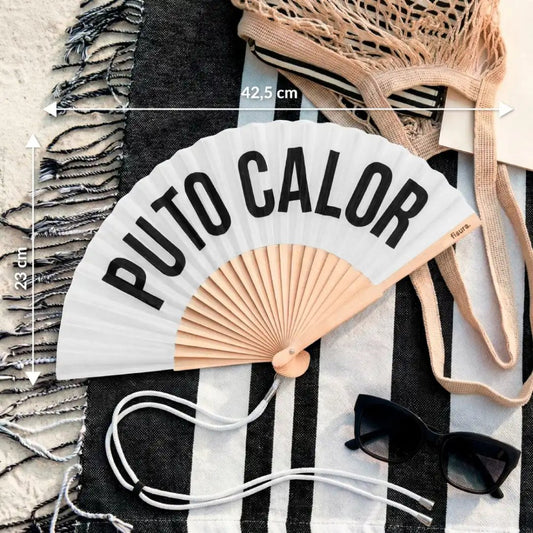 Abanico blanco Puto Calor con diseño divertido para verano