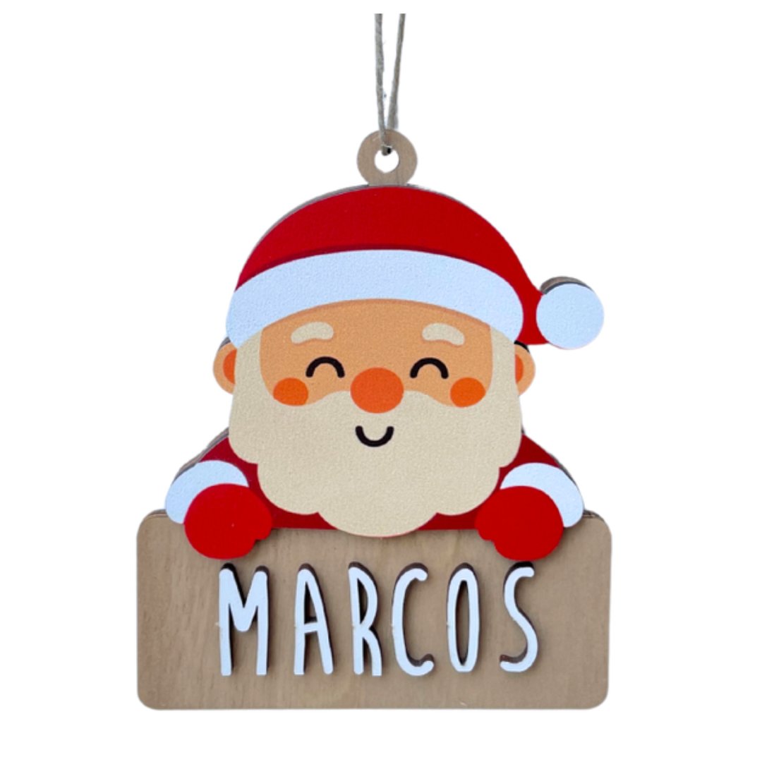 Adorno navideño de madera con forma de Papá Noel personalizado con nombre grabado