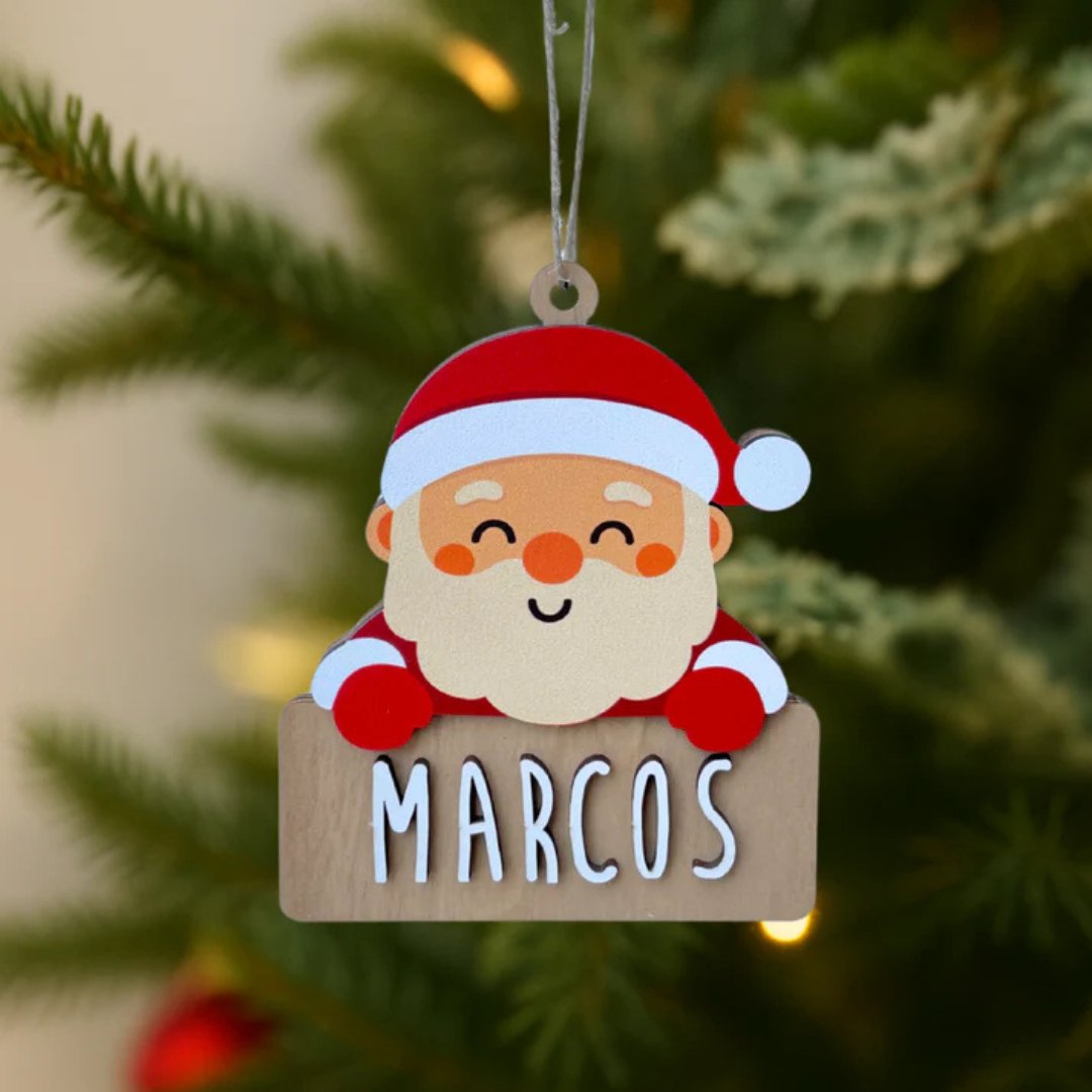 Adorno navideño de madera con forma de Papá Noel personalizado con nombre grabado