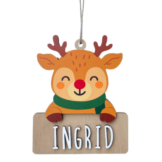 Adorno de Navidad de madera con forma de reno personalizado con nombre grabado
