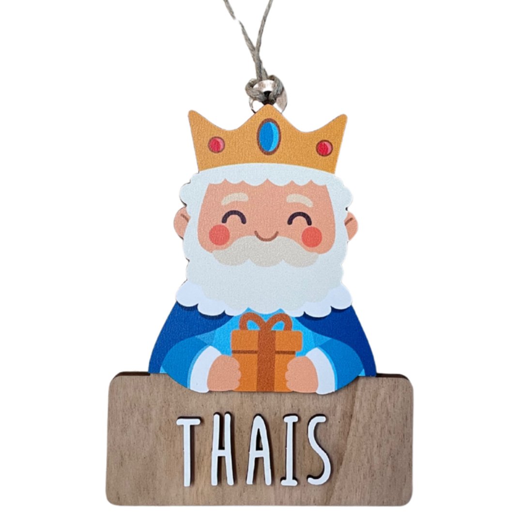 Melchor: Adorno de madera con forma de Rey Mago Melchor personalizado con nombre grabado