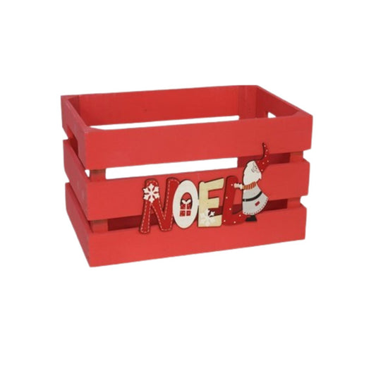Caja roja navideña con texto Noel y figuras en relieve