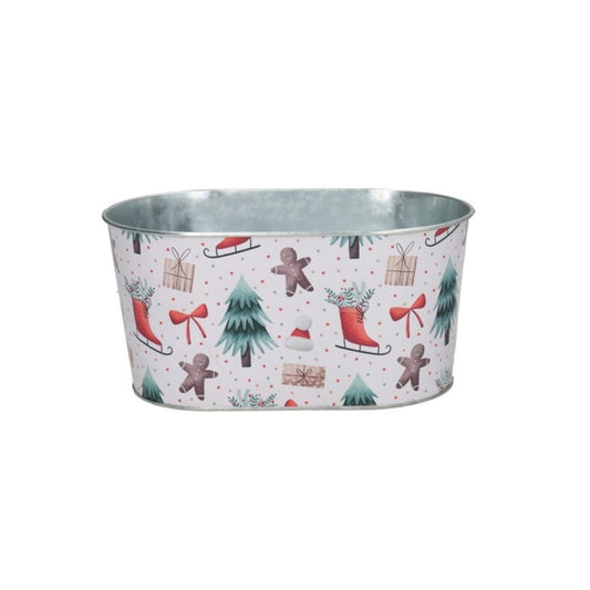 Jardinera metálica de Navidad con ilustraciones clásicas