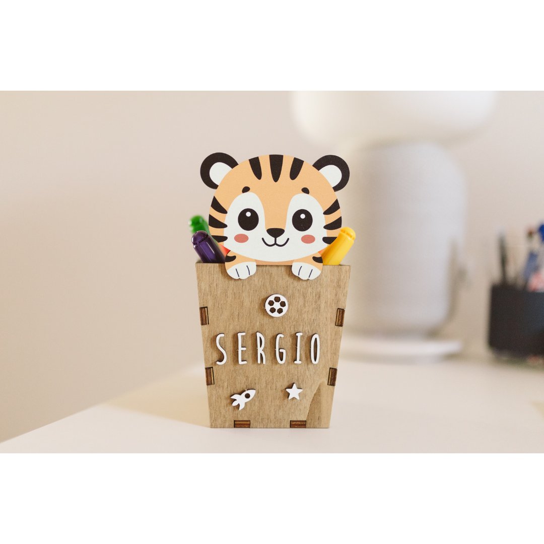 Pot à crayons en bois personnalisable (animaux mignons)