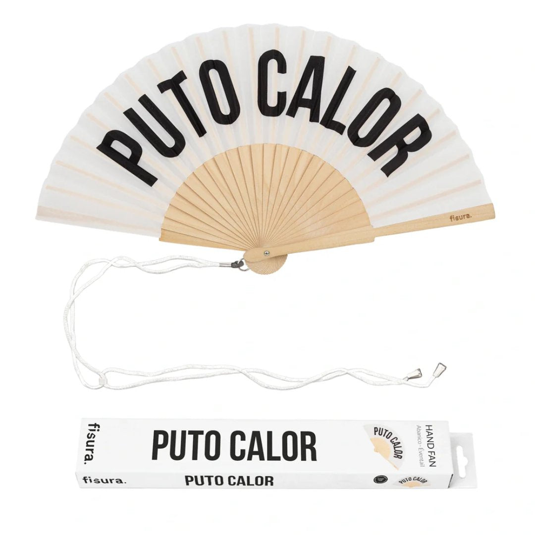 Abanico blanco Puto Calor con diseño divertido para verano