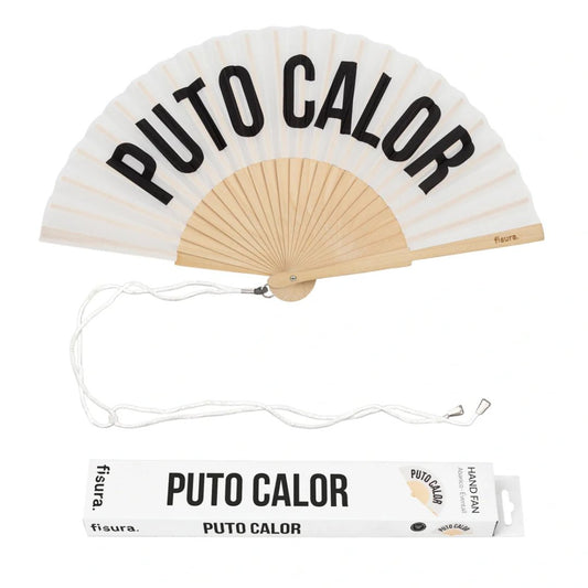 Abanico blanco Puto Calor con diseño divertido para verano