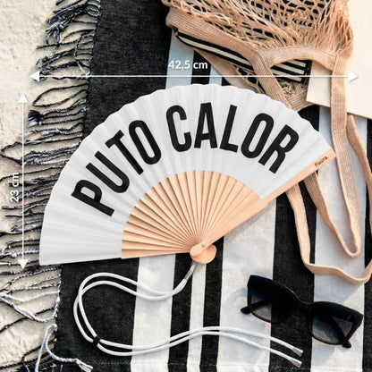 Abanico blanco Puto Calor con diseño divertido para verano