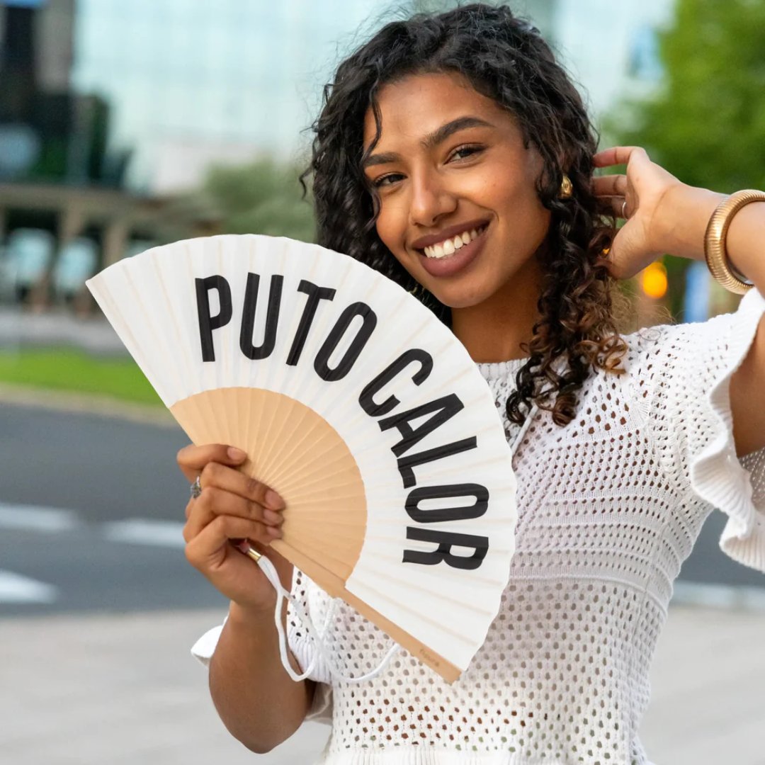 Abanico blanco Puto Calor con diseño divertido para verano