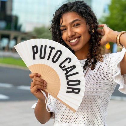 Abanico blanco Puto Calor con diseño divertido para verano