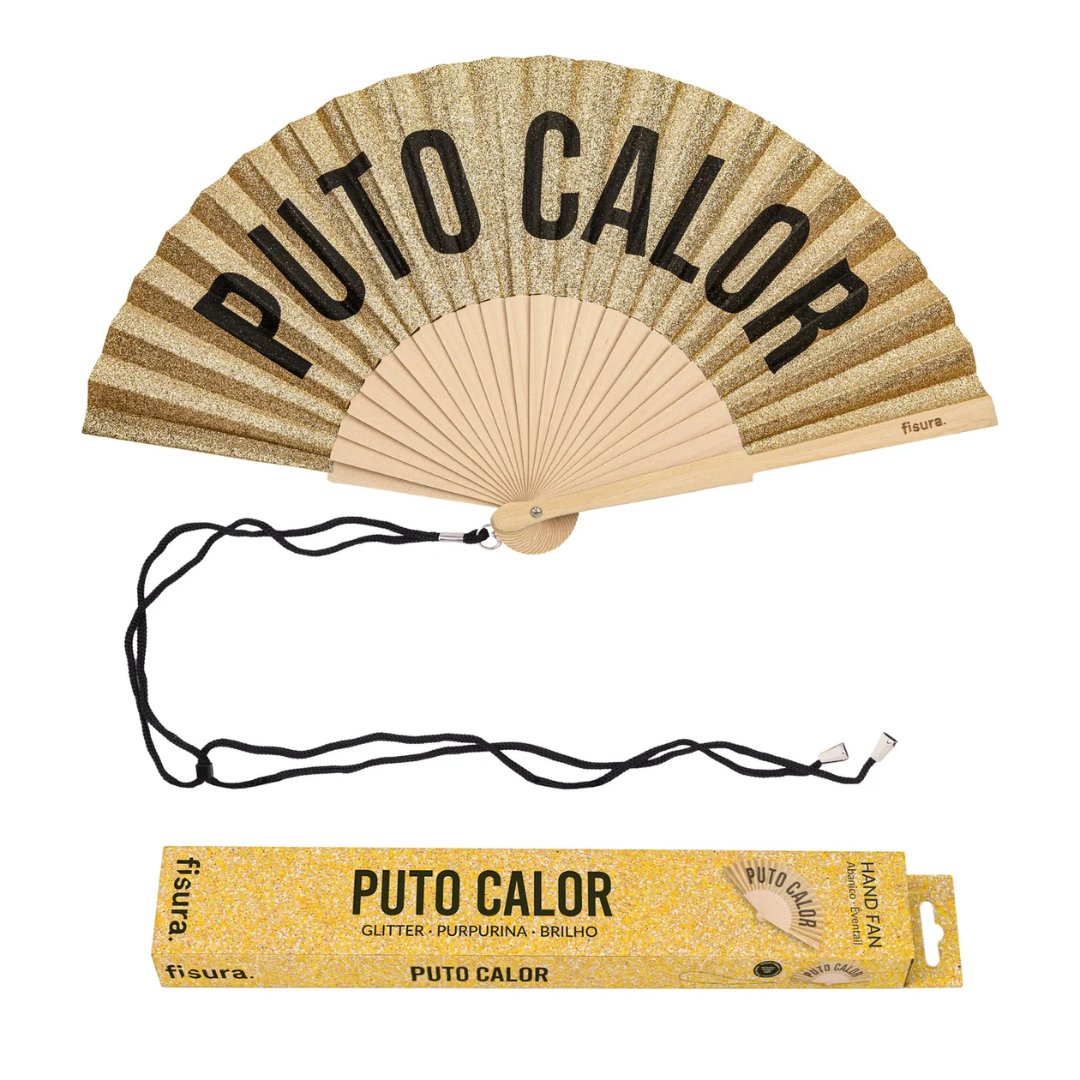 Abanico Puto Calor con purpurina dorada y colgador para verano