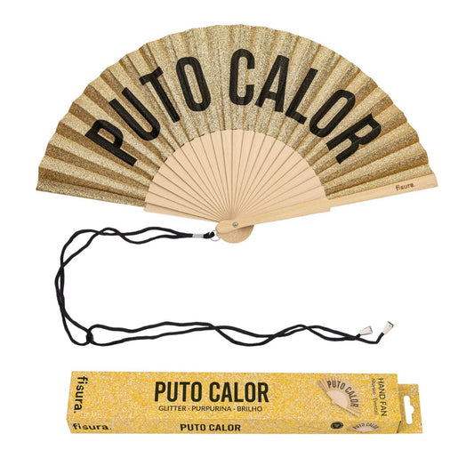 Abanico Puto Calor con purpurina dorada y colgador para verano