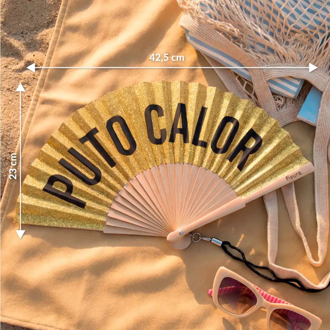 Abanico divertido Puto Calor purpurina oro abierto