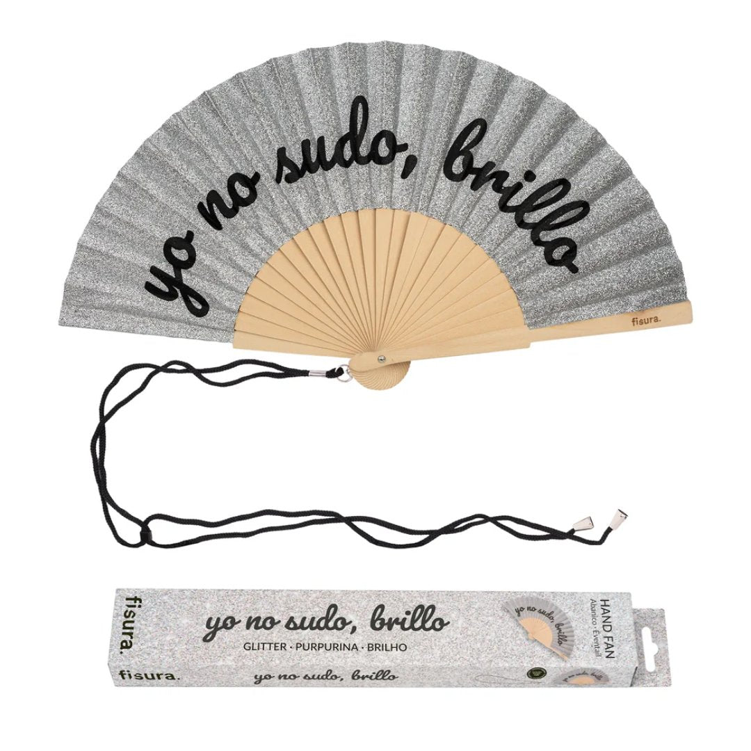 Abanico Yo no sudo brillo con purpurina plateada y colgador para verano