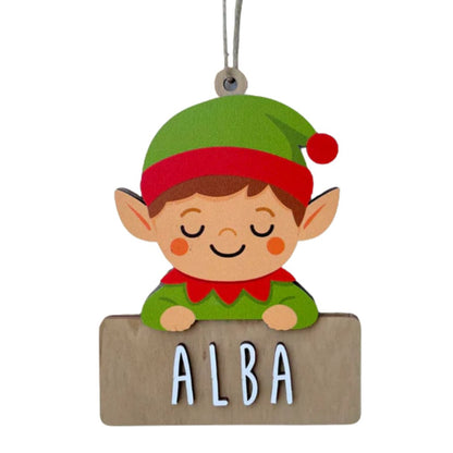 Adorno navideño de madera con forma de elfo personalizado con nombre grabado