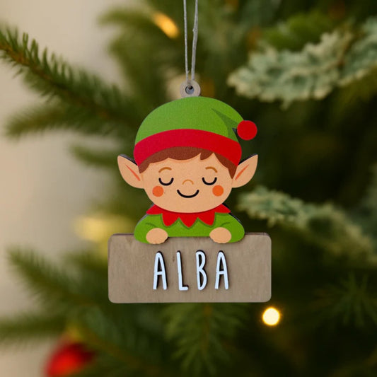 Adorno navideño de madera con forma de elfo personalizado con nombre grabado