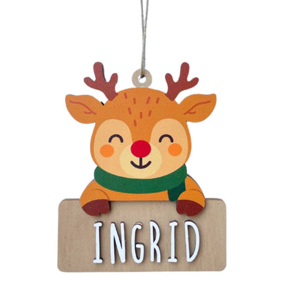 Adorno de Navidad de madera con forma de reno personalizado con nombre grabado