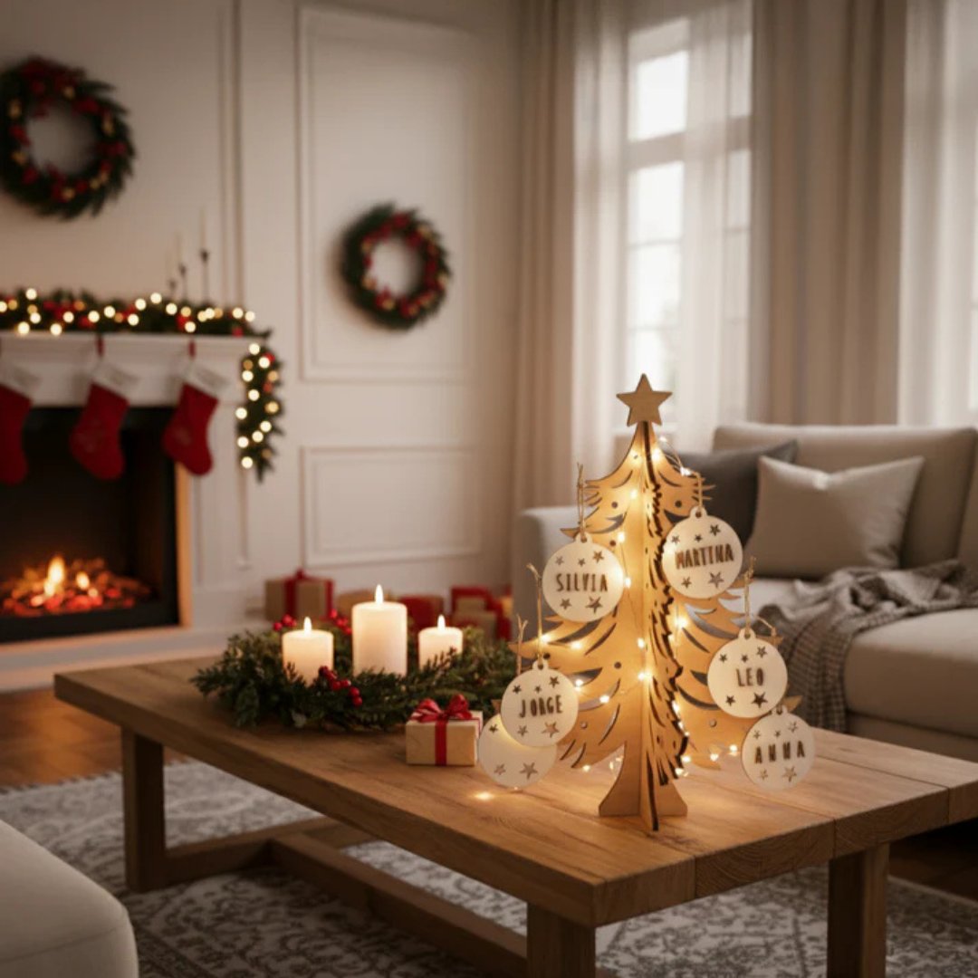 Árbol de Navidad de madera personalizable con nombre grabado