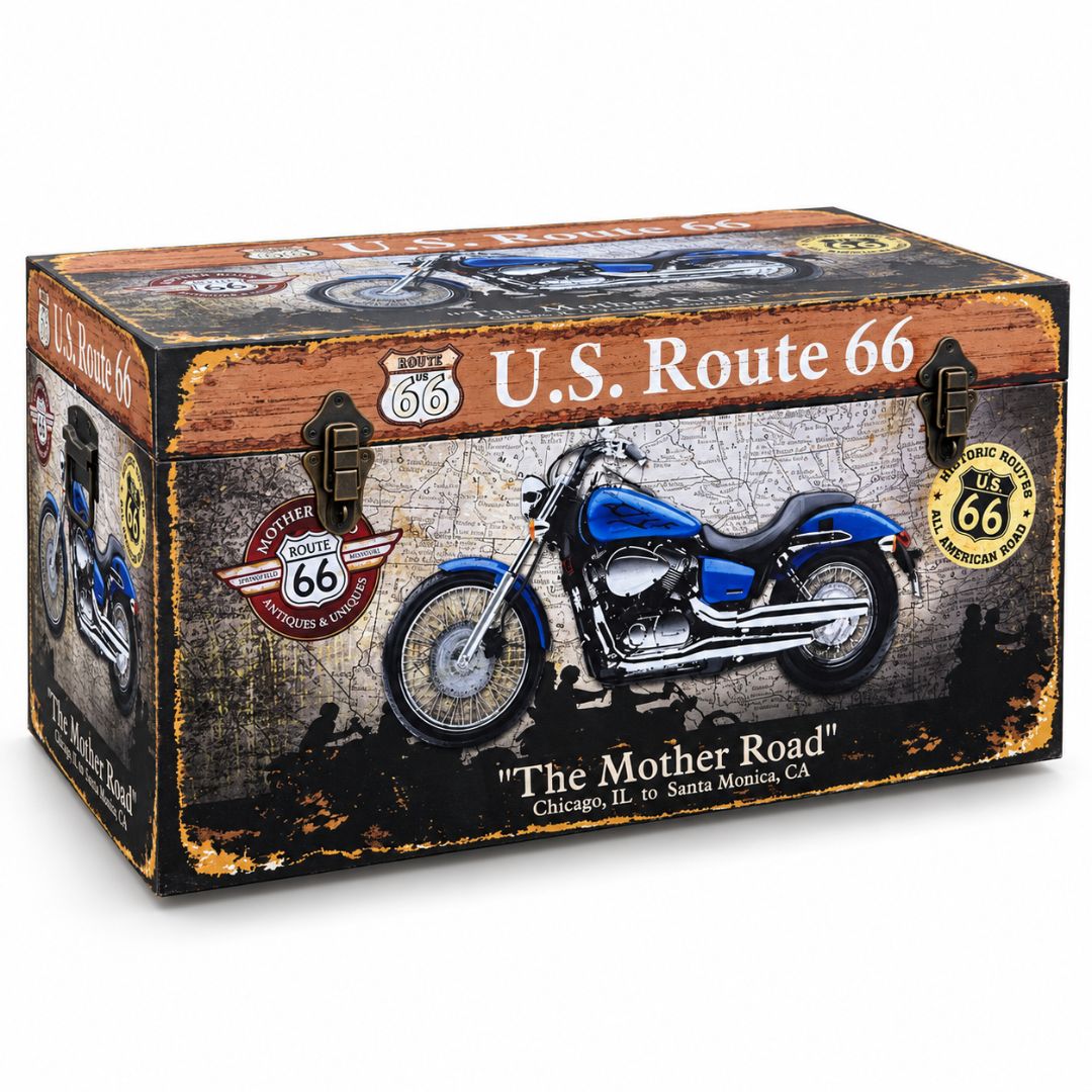 Baúl de madera Route 66 con moto azul y diseño vintage