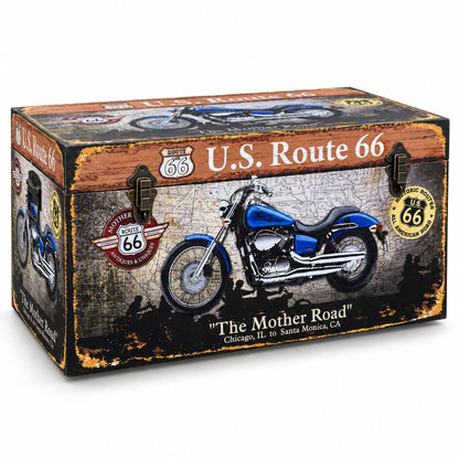 Baúl de madera Route 66 con moto azul y diseño vintage
