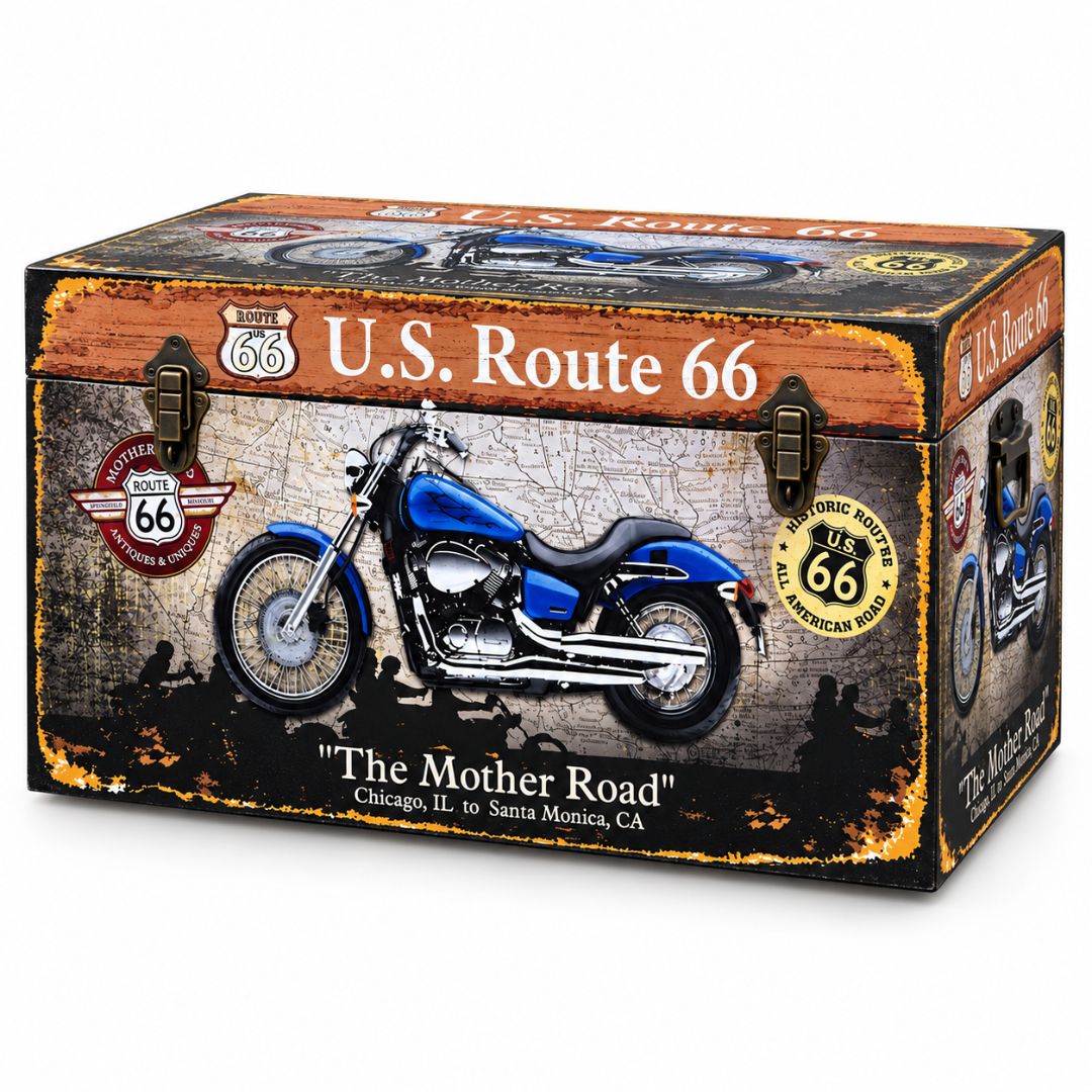 Baúl de madera Route 66 con moto azul y diseño vintage