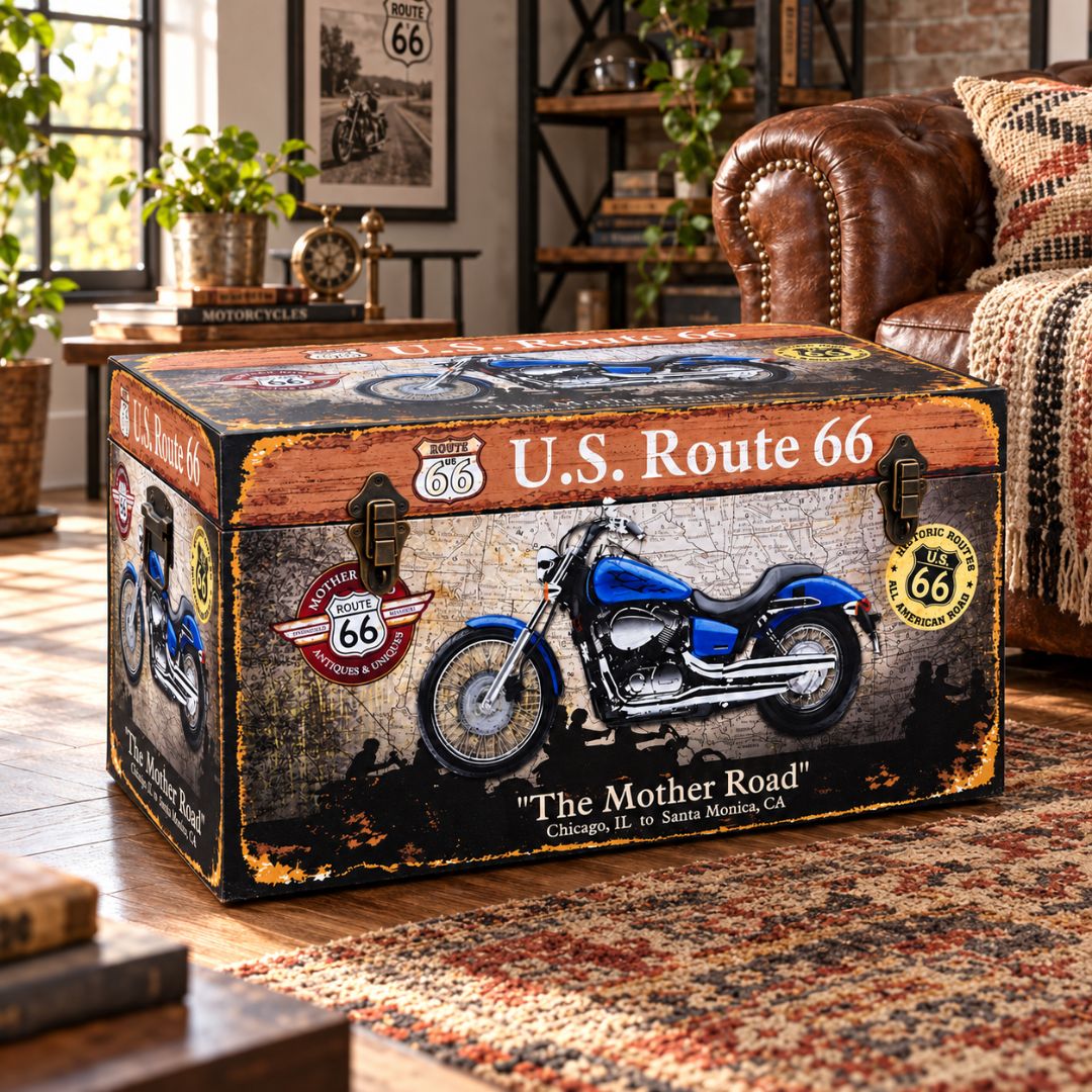 Baúl de madera Route 66 con moto azul y diseño vintage