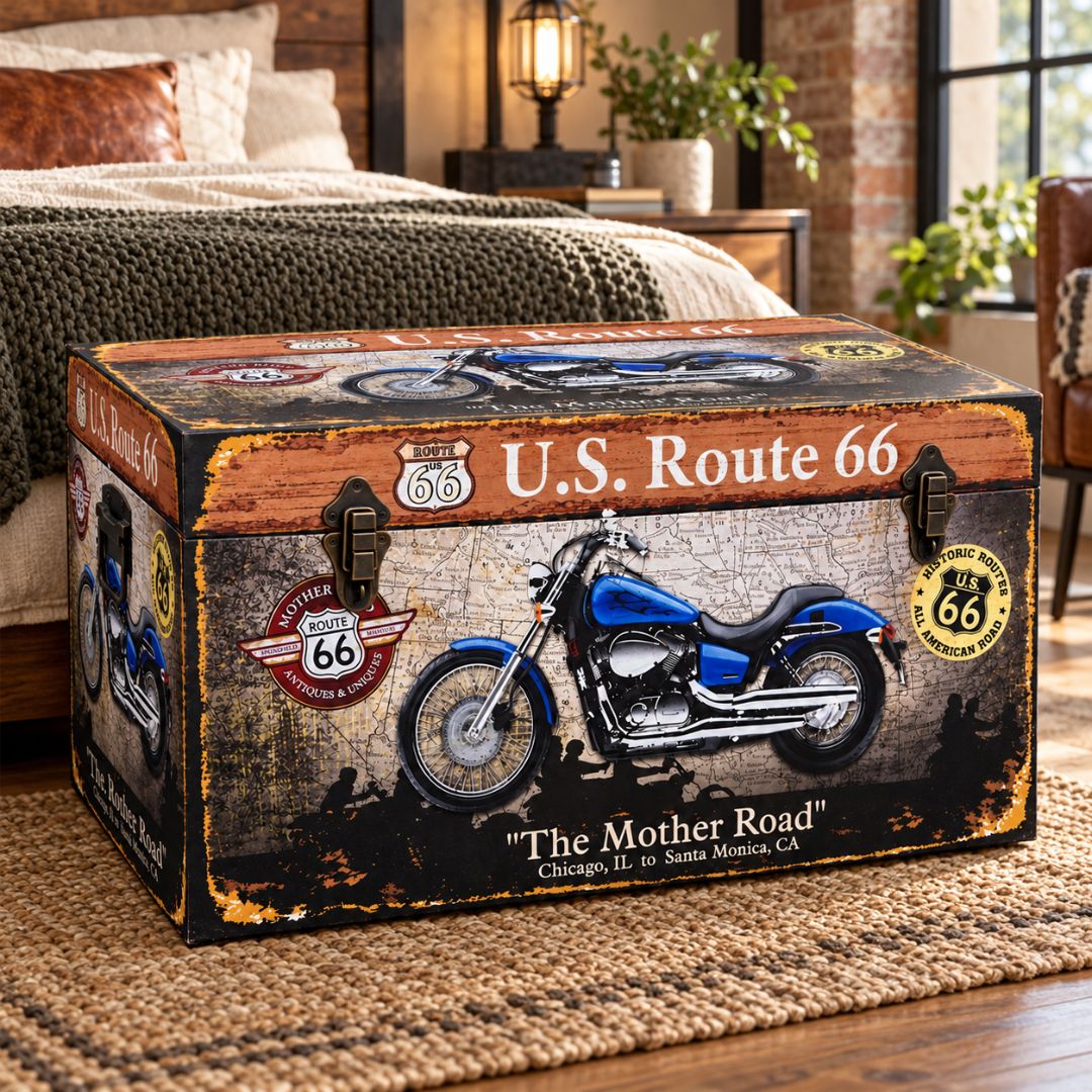 Baúl de madera Route 66 con moto azul y diseño vintage