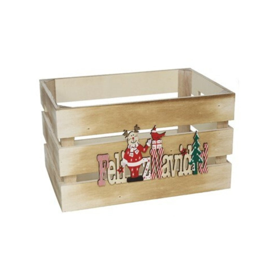 Caja de madera navideña con Papá Noel y texto Feliz Navidad