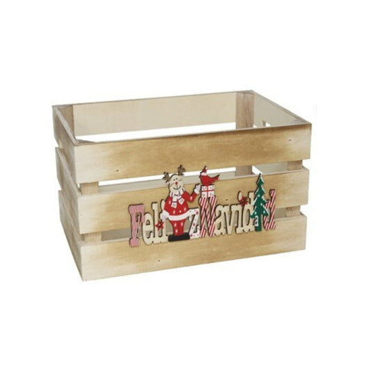 Caja de madera navideña con Papá Noel y texto Feliz Navidad