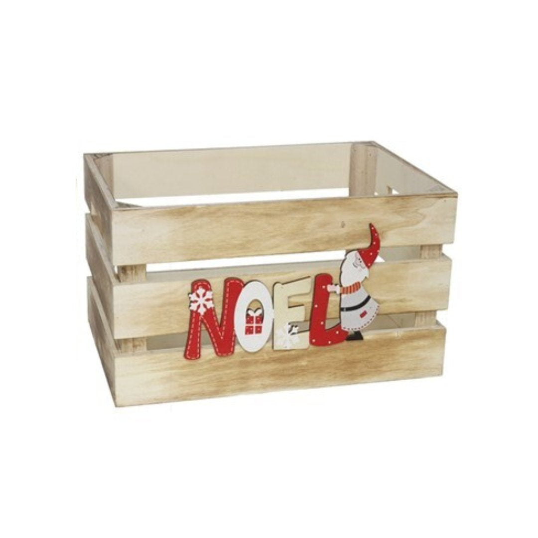 Caja navideña de madera con texto Noel y figuras en relieve