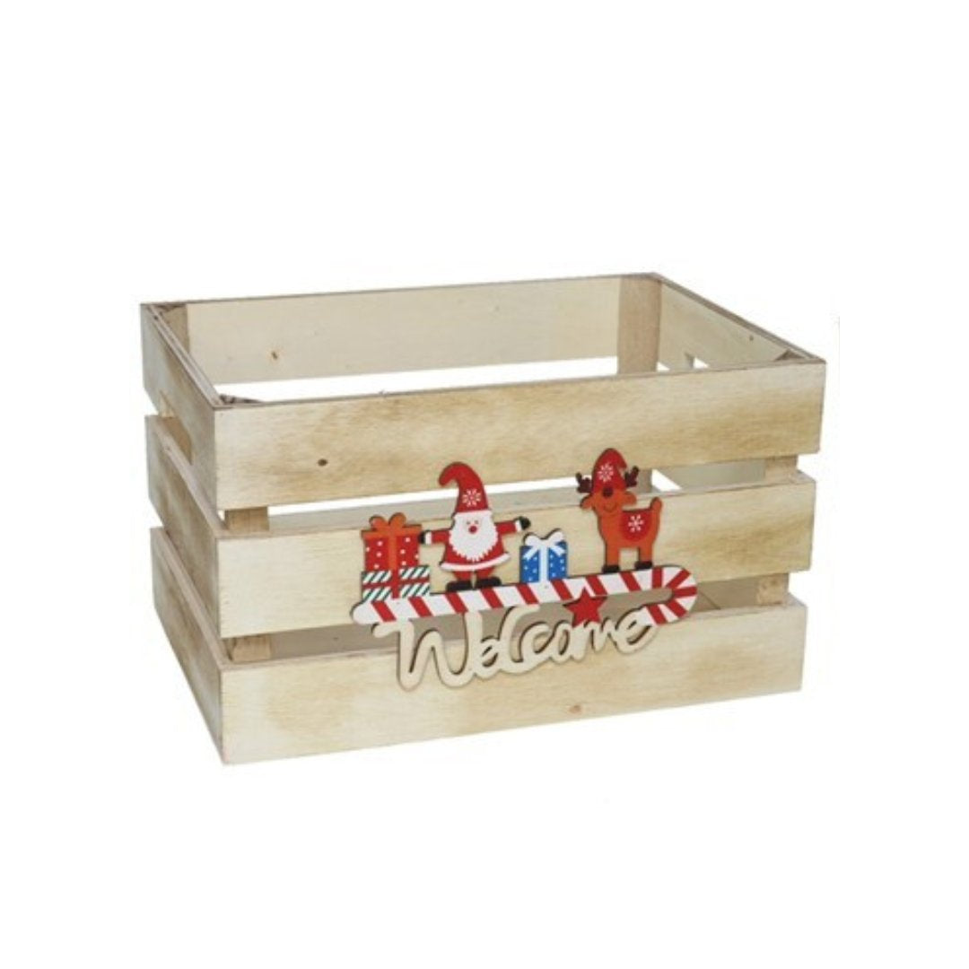 Caja de madera decorativa con Papá Noel y mensaje Welcome