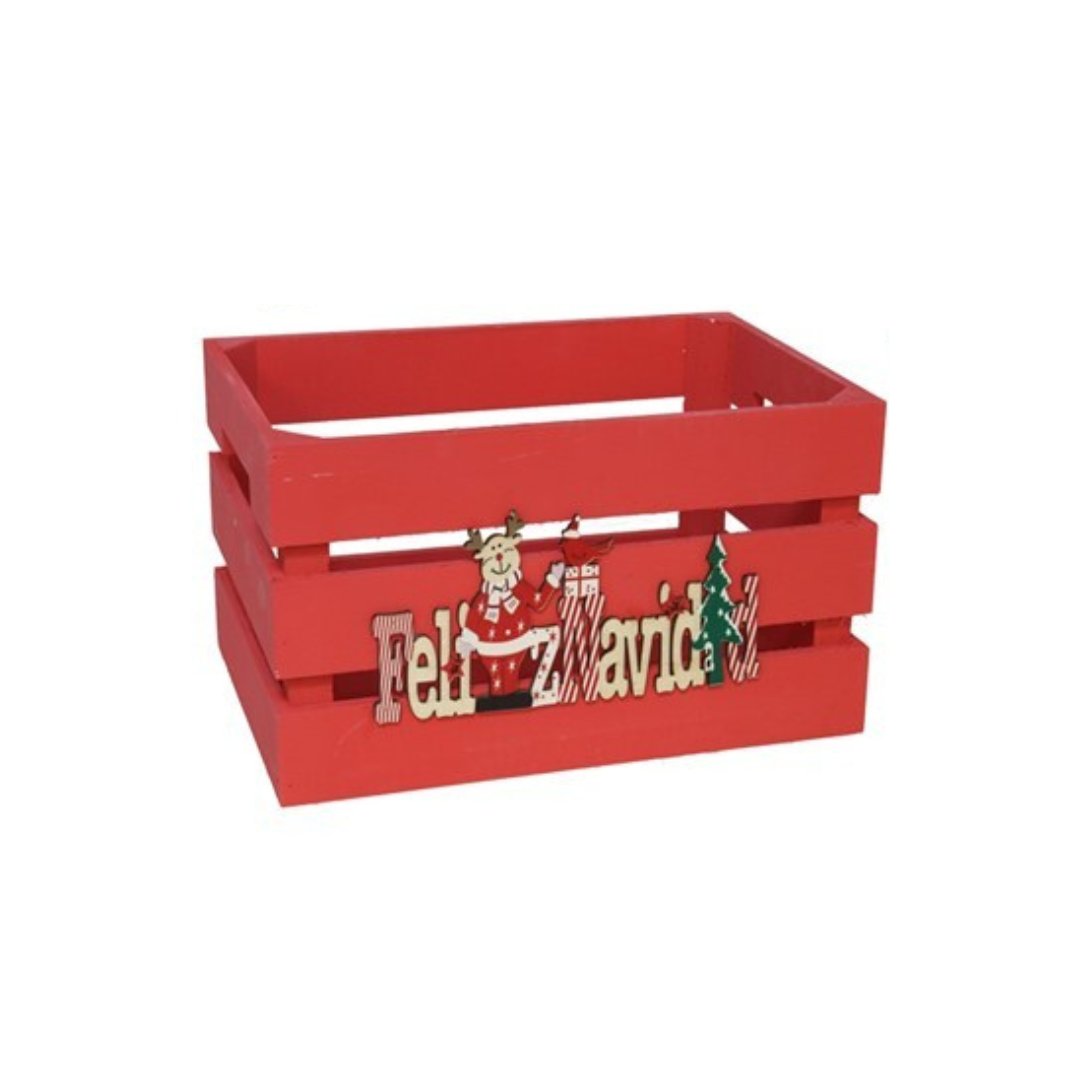 Caja navideña roja de madera con Santa y texto Feliz Navidad.