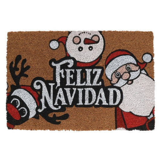 Felpudo navideño de coco con Papá Noel, reno y muñeco de nieve.