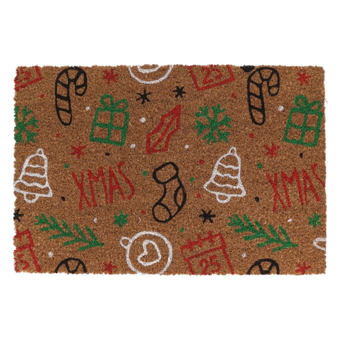 Felpudo navideño con iconos y dibujos de Navidad multicolor