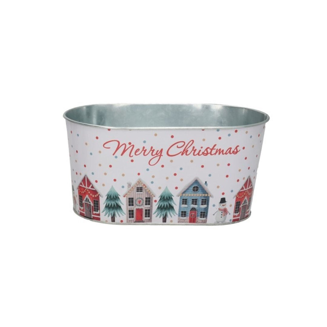 Jardinera navideña metálica con casitas y mensaje Merry Christmas