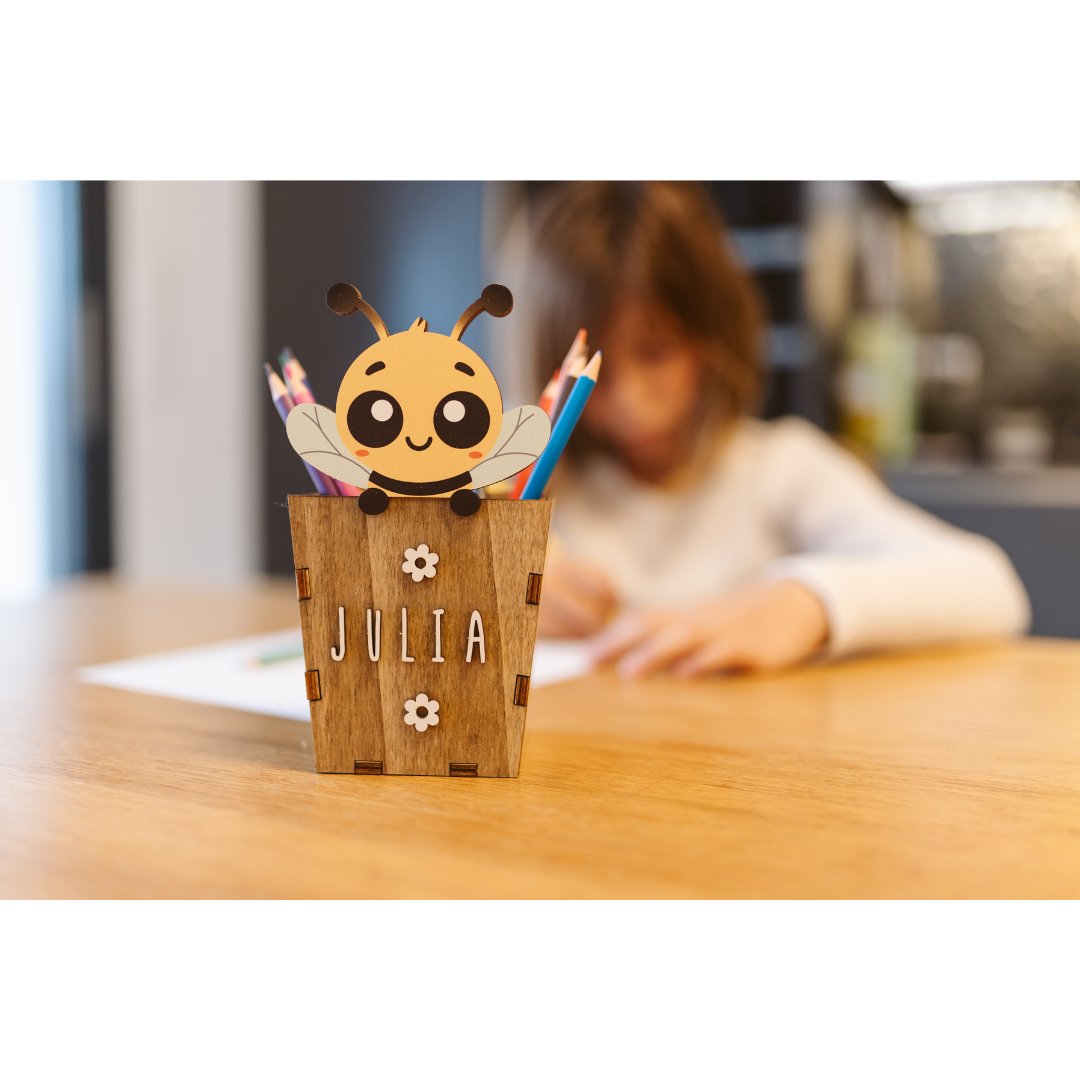 Pot à crayons en bois personnalisable (animaux mignons)