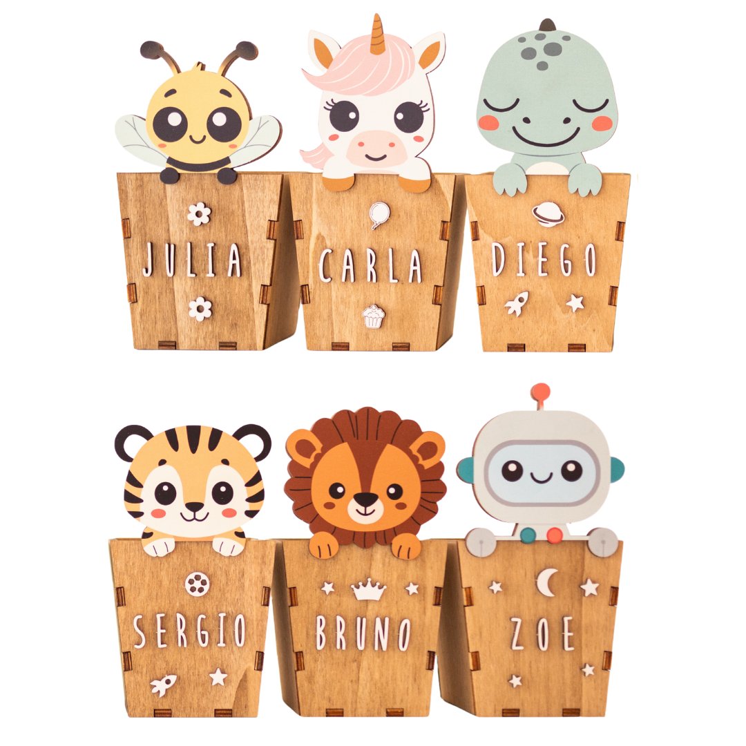 Pot à crayons en bois personnalisable (animaux mignons)