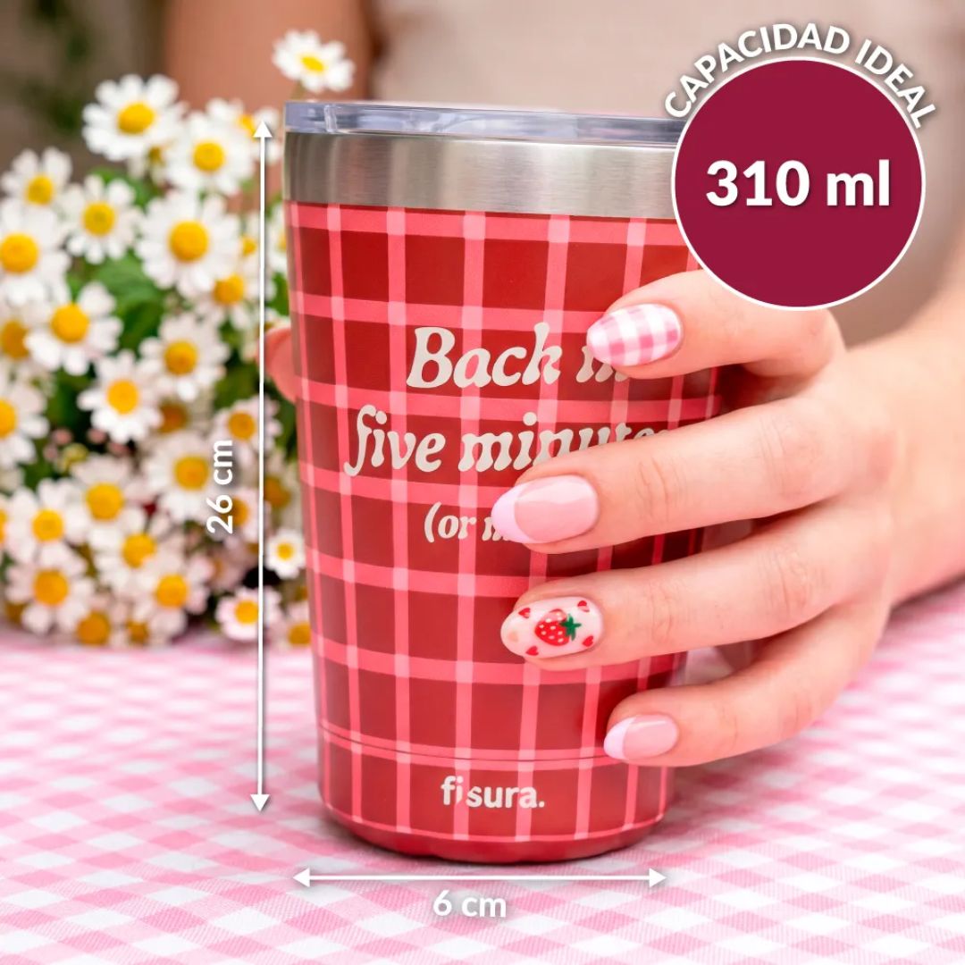 Vaso térmico granate y rosa Back in Five Minutes para café