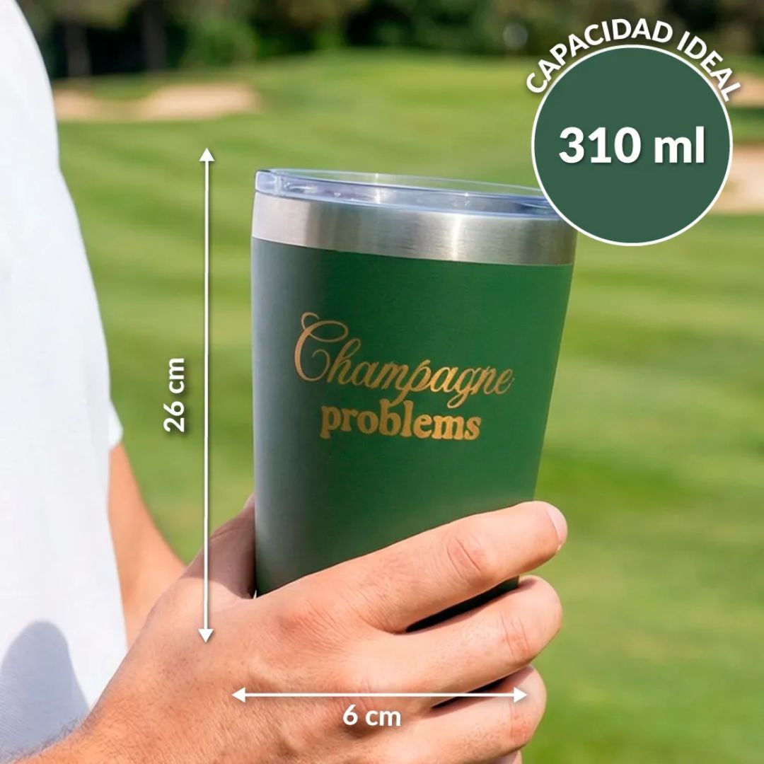 Vaso térmico verde y dorado Champagne Problems para café