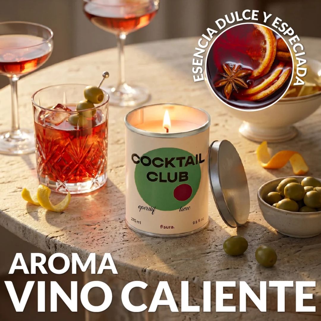 Vela aromática Cocktail Club Fisura en lata metálica con aroma a vino caliente especiado.