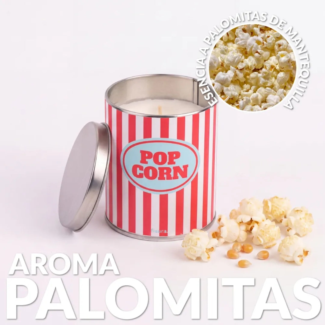 Vela aromática Pop Corn en lata metálica con rayas rojas