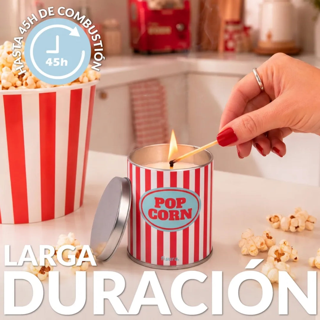 Vela en lata con tapa aroma palomitas para noches de cine en casa